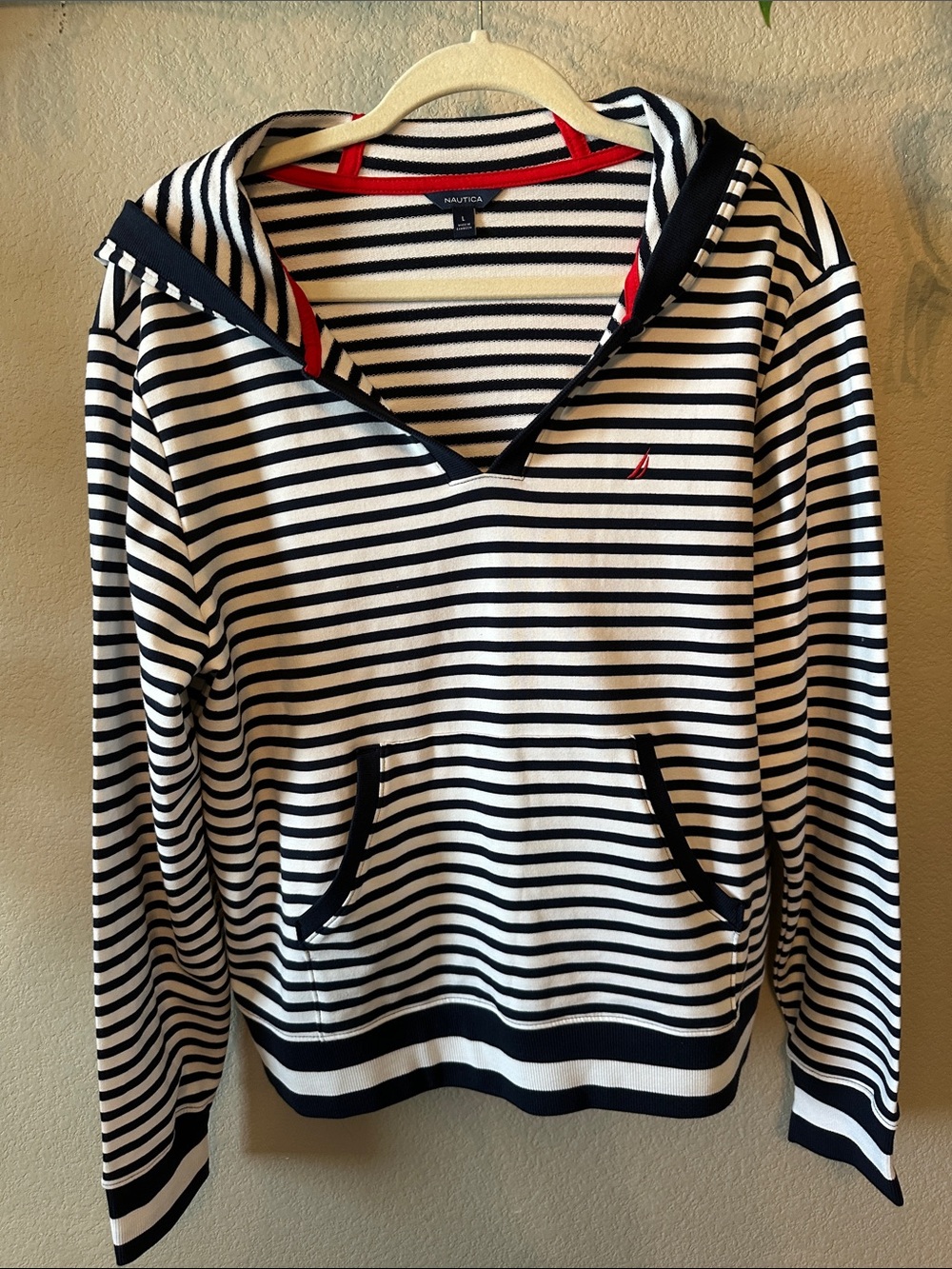 Nautica Women's Navy, White & Red Striped Hooded Pullover